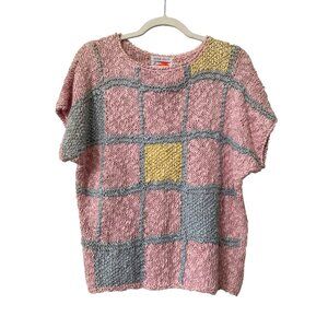 Vintage 80s Lombardi Inc Hand Knit Sweater Sz Large Pink Blue Cozy Deadstock NEW